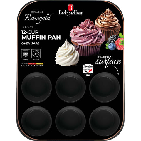  BH/8671, BH/6473, BH/6473A, BH/8671N, molde para muffins de 12 tazas, oro rosa, utensilios para hornear, molde para muffins de 12 tazas, molde para muffins, muffin, horneado