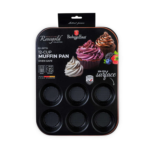 Product image of 12cups muffin pan. Part of the Metallic Line Rose Gold Edition . Features: • Material: carbon steel with titan non-stick coating • Size: 35*26,5*3 cm • Color: metallic rose gold. (Studio view). Official Berlinger Haus product, boosted by Promintra sl.