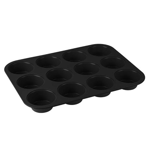 Product image of 12cups muffin pan. Part of the Anthracite Collection . Features: • Material: carbon steel with titanPro non-stick coating • Size: 35*26,5*3 cm • Color: matt anthracite. (Studio view). Official Berlinger Haus product, boosted by Promintra sl.