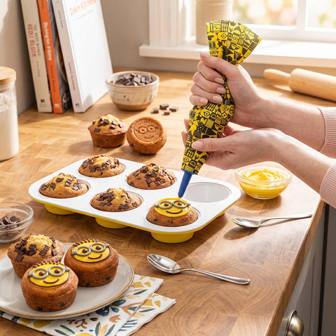 Product image of 6cups muffin pan with pasty bag. Part of the Minions Collection . Features: • Material: carbon steel with titanPro non-stick coating • Size: 26,5*18,5*2,5 cm • Pastry bag with 4 decorating tips • Color: yellow. (Studio view). Official Berlinger Haus product, boosted by Promintra sl.