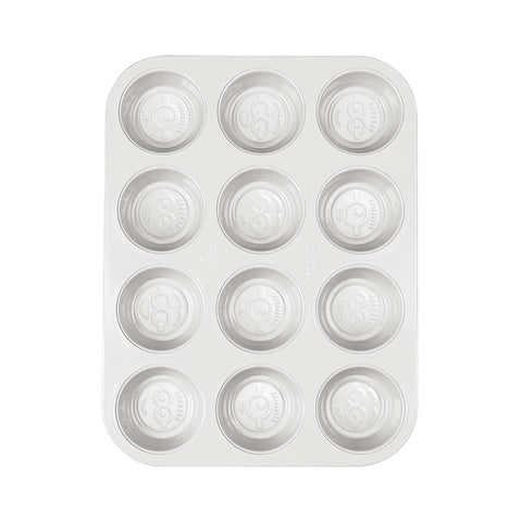 Product image of 12cups muffin pan. Part of the Minions Collection . Features: • Material: carbon steel with titanPro non-stick coating • Size: 35*26,5*3 cm • Color: yellow. (Studio view). Official Berlinger Haus product, boosted by Promintra sl.