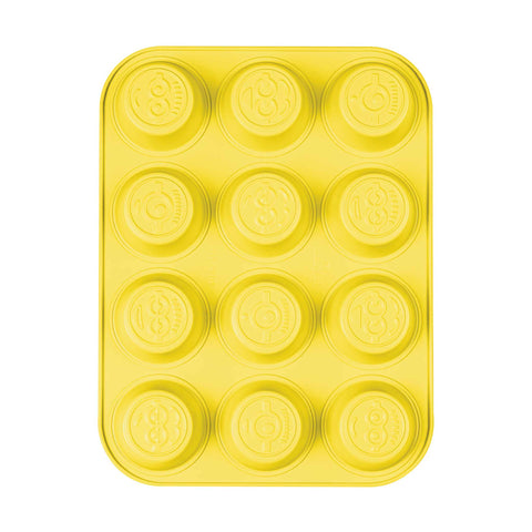 Product image of 12cups muffin pan. Part of the Minions Collection . Features: • Material: carbon steel with titanPro non-stick coating • Size: 35*26,5*3 cm • Color: yellow. (Studio view). Official Berlinger Haus product, boosted by Promintra sl.