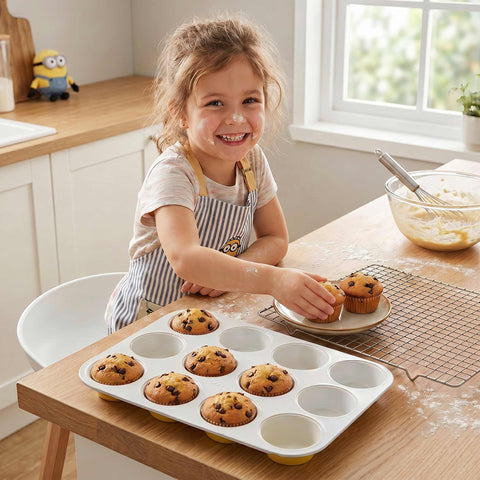 Product image of 12cups muffin pan. Part of the Minions Collection . Features: • Material: carbon steel with titanPro non-stick coating • Size: 35*26,5*3 cm • Color: yellow. (Studio view). Official Berlinger Haus product, boosted by Promintra sl.