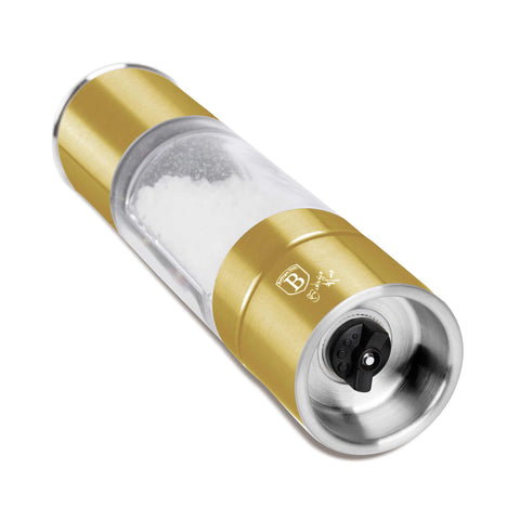 Product image of 2in1 pepper and salt mill. Part of the Hammered Gold Collection . Features: • Material: stainless steel with CERAMIC grinder • Color: light gold- silver. (Conceptual view). Official Berlinger Haus product, boosted by Promintra sl.