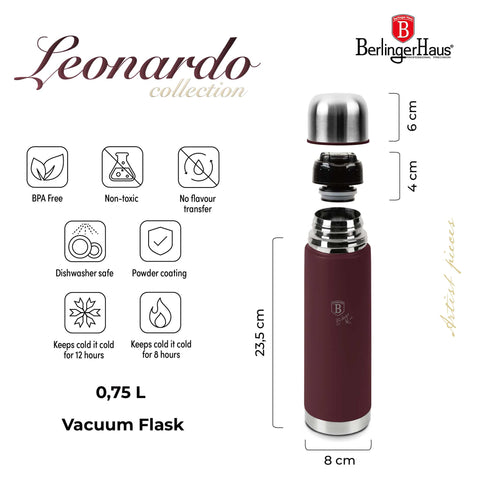 Product image of Vacuum flask 0,75L. Part of the Leonardo Collection . Features: • Material: inner body 18/10 stainless steel with matt powder coating • Capacity: 0,75 L • Color: matt bordeaux • Packing: half giftbox. (Studio view). Official Berlinger Haus product, boosted by Promintra sl.