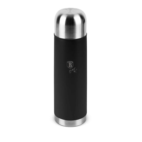 Product image of Vacuum flask 0,75L. Part of the Matte Black Collection . Features: • Material: inner body 18/10 stainless steel with matt powder coating • Capacity: 0,75 L • Color: black- silver • Packing: half giftbox. (Studio view). Official Berlinger Haus product, boosted by Promintra sl.
