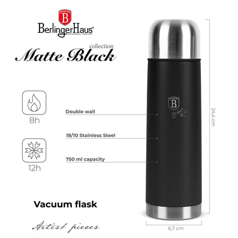Product image of Vacuum flask 0,75L. Part of the Matte Black Collection . Features: • Material: inner body 18/10 stainless steel with matt powder coating • Capacity: 0,75 L • Color: black- silver • Packing: half giftbox. (Studio view). Official Berlinger Haus product, boosted by Promintra sl.