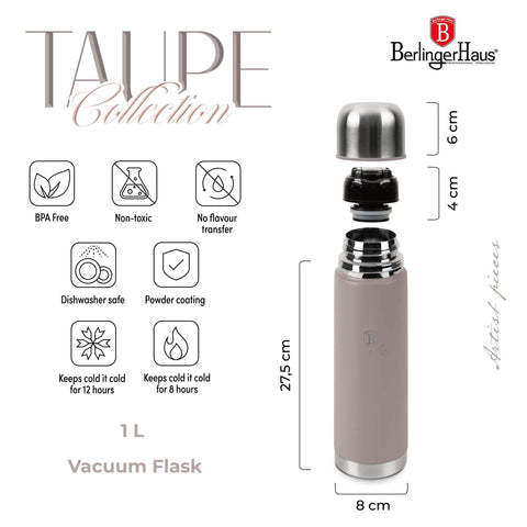 Product image of Vacuum flask 1,0L. Part of the Taupe Collection . Features: • Material: inner body 18/10 stainless steel with matt powder coating • Capacity: 1,0 L • Color: matt taupe • Packing: half giftbox. (Studio view). Official Berlinger Haus product, boosted by Promintra sl.