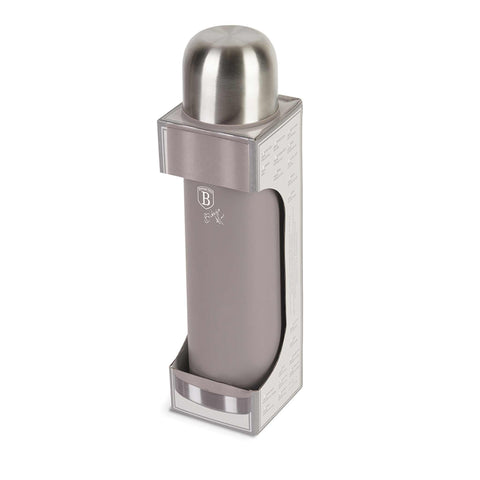 Product image of Vacuum flask 1,0L. Part of the Taupe Collection . Features: • Material: inner body 18/10 stainless steel with matt powder coating • Capacity: 1,0 L • Color: matt taupe • Packing: half giftbox. (Studio view). Official Berlinger Haus product, boosted by Promintra sl.