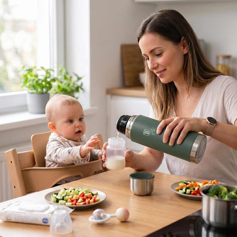 Product image of Vacuum flask 1,0L. Part of the Matte Green Collection . Features: • Material: inner body 18/10 stainless steel with matt powder coating • Capacity: 1,0 L • Color: matt green • Packing: half giftbox. (Studio view). Official Berlinger Haus product, boosted by Promintra sl.