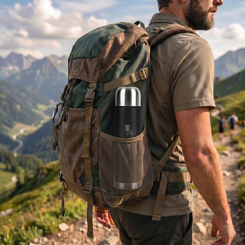Product image of Vacuum flask 1,0L. Part of the Matte Black Collection . Features: • Material: inner body 18/10 stainless steel with matt powder coating • Capacity: 1,0 L • Color: black- silver • Packing: half giftbox. (Studio view). Official Berlinger Haus product, boosted by Promintra sl.