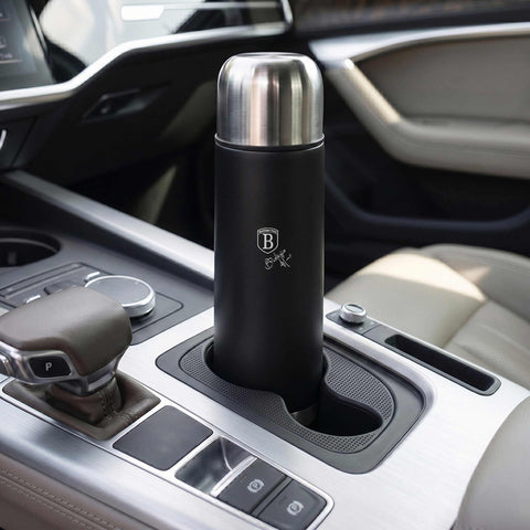 Product image of Vacuum flask 1,0L. Part of the Matte Black Collection . Features: • Material: inner body 18/10 stainless steel with matt powder coating • Capacity: 1,0 L • Color: black- silver • Packing: half giftbox. (Studio view). Official Berlinger Haus product, boosted by Promintra sl.