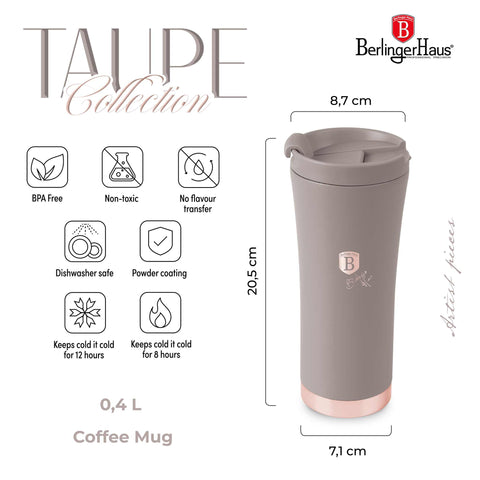 Product image of Coffee mug 0,5L. Part of the Taupe Collection . Features: • High resistance painting • Material: inner body 18/10 stainless steel, cap: plastic • Capacity: 0,5 L • Color: matt taupe • Packing: half giftbox. (Studio view). Official Berlinger Haus product, boosted by Promintra sl.