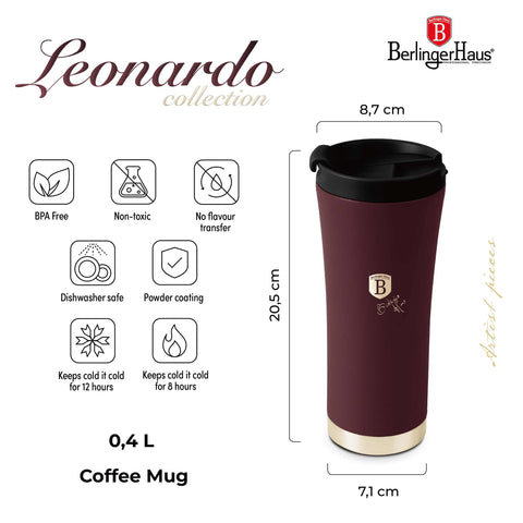 Product image of Coffee mug 0,5L. Part of the Leonardo Collection . Features: • High resistance painting • Material: inner body 18/10 stainless steel, cap: plastic • Capacity: 0,5 L • Color: matt bordeaux • Packing: half giftbox. (Studio view). Official Berlinger Haus product, boosted by Promintra sl.