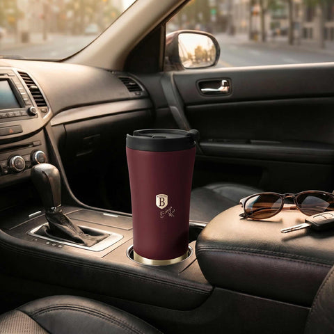 Product image of Coffee mug 0,5L. Part of the Leonardo Collection . Features: • High resistance painting • Material: inner body 18/10 stainless steel, cap: plastic • Capacity: 0,5 L • Color: matt bordeaux • Packing: half giftbox. (Studio view). Official Berlinger Haus product, boosted by Promintra sl.