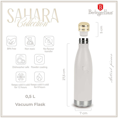 Product image of Vacuum flask bottle shape 0,5L. Part of the Sahara Collection . Features: • Material: inner body 18/10 stainless steel with matt powder coating • Capacity: 0,5 L • Color: matt cream • Packing: half giftbox. (Studio view). Official Berlinger Haus product, boosted by Promintra sl.