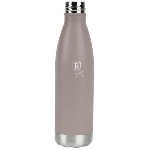 Product image of Vacuum flask bottle shape 0,5L. Part of the Taupe Collection . Features: • Material: inner body 18/10 stainless steel with matt powder coating • Capacity: 0,5 L • Color: matt taupe • Packing: half giftbox. (Studio view). Official Berlinger Haus product, boosted by Promintra sl.