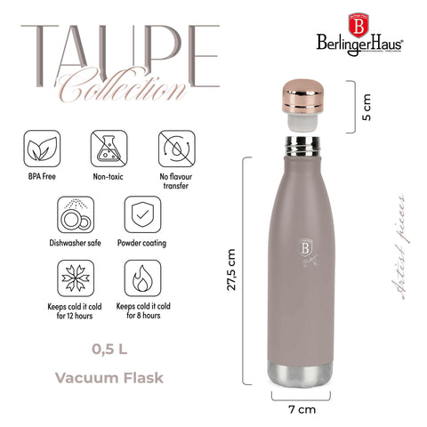 Product image of Vacuum flask bottle shape 0,5L. Part of the Taupe Collection . Features: • Material: inner body 18/10 stainless steel with matt powder coating • Capacity: 0,5 L • Color: matt taupe • Packing: half giftbox. (Studio view). Official Berlinger Haus product, boosted by Promintra sl.