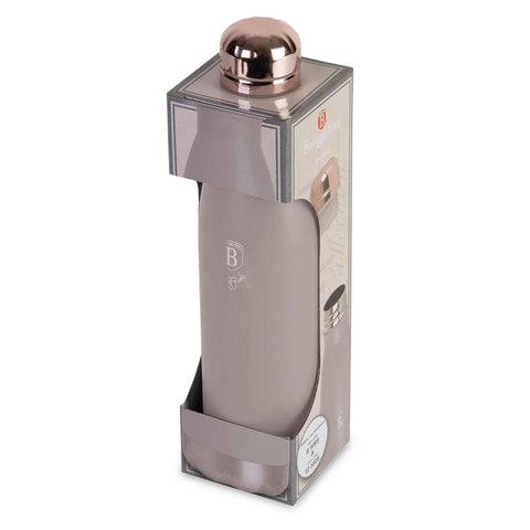 Product image of Vacuum flask bottle shape 0,5L. Part of the Taupe Collection . Features: • Material: inner body 18/10 stainless steel with matt powder coating • Capacity: 0,5 L • Color: matt taupe • Packing: half giftbox. (Studio view). Official Berlinger Haus product, boosted by Promintra sl.