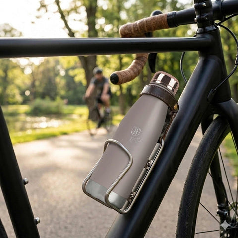 Product image of Vacuum flask bottle shape 0,5L. Part of the Taupe Collection . Features: • Material: inner body 18/10 stainless steel with matt powder coating • Capacity: 0,5 L • Color: matt taupe • Packing: half giftbox. (Studio view). Official Berlinger Haus product, boosted by Promintra sl.