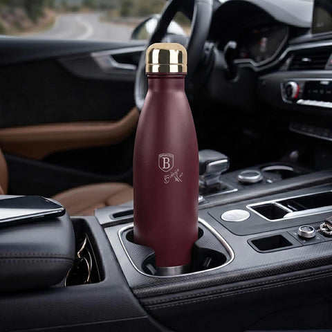 Product image of Vacuum flask bottle shape 0,5L. Part of the Leonardo Collection . Features: • Material: inner body 18/10 stainless steel with matt powder coating • Capacity: 0,5 L • Color: matt bordeaux • Packing: half giftbox. (Studio view). Official Berlinger Haus product, boosted by Promintra sl.