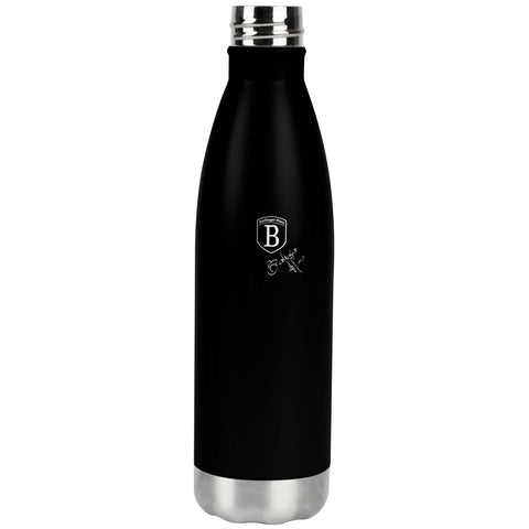Product image of Vacuum flask bottle shape 0,5L. Part of the Black Rose Collection . Features: • Material: inner body 18/10 stainless steel with matt powder coating • Capacity: 0,5 L • Color: matt black- rose gold • Packing: half giftbox. (Studio view). Official Berlinger Haus product, boosted by Promintra sl.