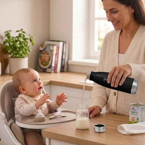 Product image of Vacuum flask bottle shape 0,5L. Part of the Matte Black Collection . Features: • Material: inner body 18/10 stainless steel with matt powder coating • Capacity: 0,5 L • Color: black- silver • Packing: half giftbox. (Studio view). Official Berlinger Haus product, boosted by Promintra sl.