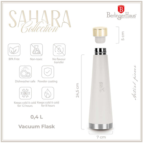 Product image of Vacuum flask bottle shape 0,4L. Part of the Sahara Collection . Features: • Material: inner body 18/10 stainless steel with matt powder coating • Capacity: 0,4 L • Color: matt cream • Packing: half giftbox. (Studio view). Official Berlinger Haus product, boosted by Promintra sl.