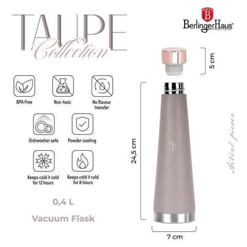 Product image of Vacuum flask bottle shape 0,4L. Part of the Taupe Collection . Features: • Material: inner body 18/10 stainless steel with matt powder coating • Capacity: 0,4 L • Color: matt taupe • Packing: half giftbox. (Studio view). Official Berlinger Haus product, boosted by Promintra sl.