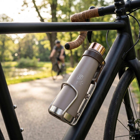 Product image of Vacuum flask bottle shape 0,4L. Part of the Taupe Collection . Features: • Material: inner body 18/10 stainless steel with matt powder coating • Capacity: 0,4 L • Color: matt taupe • Packing: half giftbox. (Studio view). Official Berlinger Haus product, boosted by Promintra sl.
