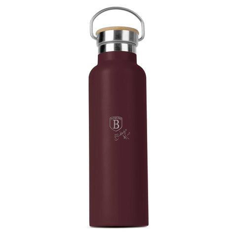 Product image of Flask with bamboo lid 0,6L. Part of the Leonardo Collection . Features: • Material: 18/10 stainless steel with matt powder coating • Bamboo lid • Capacity: 0,6 L • Color: matt bordeaux • Packing: giftbox. (Studio view). Official Berlinger Haus product, boosted by Promintra sl.