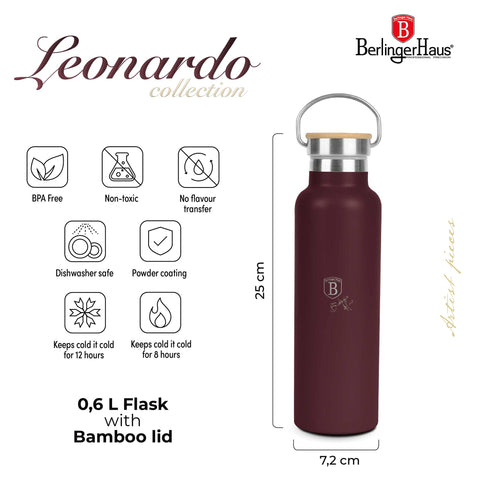 Product image of Flask with bamboo lid 0,6L. Part of the Leonardo Collection . Features: • Material: 18/10 stainless steel with matt powder coating • Bamboo lid • Capacity: 0,6 L • Color: matt bordeaux • Packing: giftbox. (Studio view). Official Berlinger Haus product, boosted by Promintra sl.