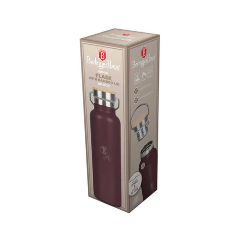 Product image of Flask with bamboo lid 0,6L. Part of the Leonardo Collection . Features: • Material: 18/10 stainless steel with matt powder coating • Bamboo lid • Capacity: 0,6 L • Color: matt bordeaux • Packing: giftbox. (Studio view). Official Berlinger Haus product, boosted by Promintra sl.
