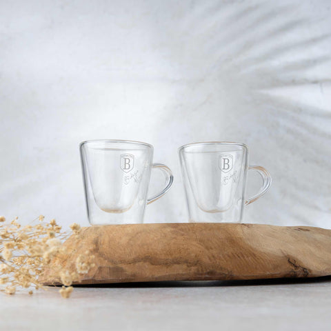 BH/8772, Juego de 2 tazas de espresso de vidrio, Vidrio, juego de tazas de espresso, taza de vidrio, juego de tazas de espresso con asa, juego de 2 tazas, doble pared, Vajilla, Taza de espresso