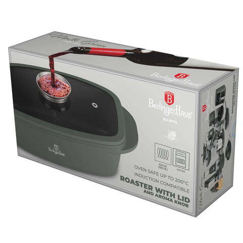 BH/8775, Asador con tapa de cristal y botón de aroma, Verde mate, Asador con tapa de cristal, Aluminio fundido, Asador, Botón de aroma, Utensilios para hornear, Horneado, Bandeja para asar
