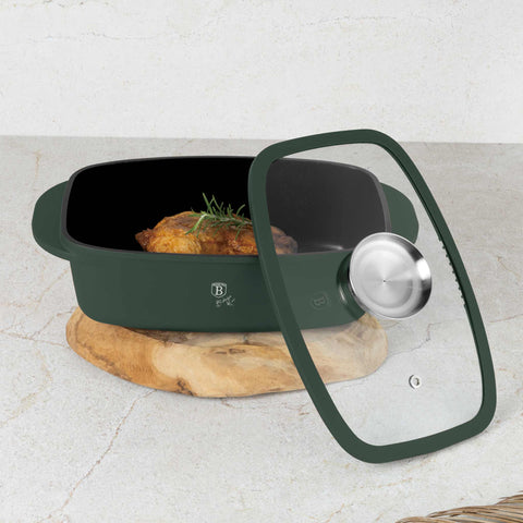 BH/8775, Asador con tapa de cristal y botón de aroma, Verde mate, Asador con tapa de cristal, Aluminio fundido, Asador, Botón de aroma, Utensilios para hornear, Horneado, Bandeja para asar