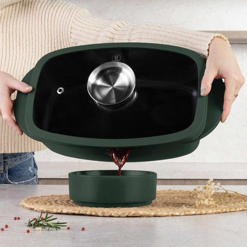 BH/8775, Asador con tapa de cristal y botón de aroma, Verde mate, Asador con tapa de cristal, Aluminio fundido, Asador, Botón de aroma, Utensilios para hornear, Horneado, Bandeja para asar