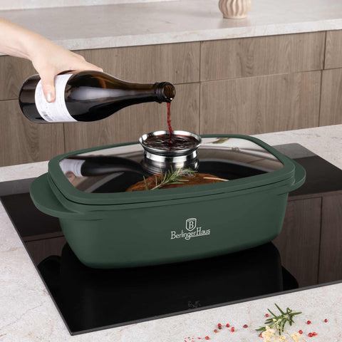 BH/8775, Asador con tapa de cristal y botón de aroma, Verde mate, Asador con tapa de cristal, Aluminio fundido, Asador, Botón de aroma, Utensilios para hornear, Horneado, Bandeja para asar