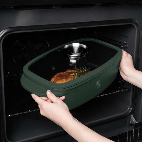 BH/8775, Asador con tapa de cristal y botón de aroma, Verde mate, Asador con tapa de cristal, Aluminio fundido, Asador, Botón de aroma, Utensilios para hornear, Horneado, Bandeja para asar