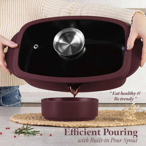  BH/8776, Asador con tapa de cristal y botón de aroma, Burdeos mate, asador con tapa de cristal, aluminio fundido, asador, botón de aroma, utensilios para hornear, horneado