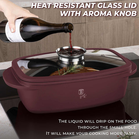  BH/8776, Asador con tapa de cristal y botón de aroma, Burdeos mate, asador con tapa de cristal, aluminio fundido, asador, botón de aroma, utensilios para hornear, horneado