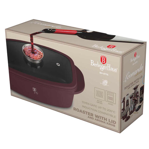  BH/8776, Asador con tapa de cristal y botón de aroma, Burdeos mate, asador con tapa de cristal, aluminio fundido, asador, botón de aroma, utensilios para hornear, horneado