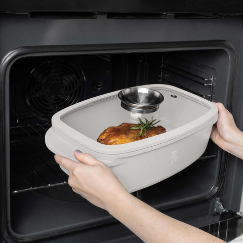  BH/8777, Asador con tapa de cristal y botón de aroma, Crema mate, Asador con tapa de cristal, Aluminio fundido, Asador, Botón de aroma, Utensilios para hornear, Horneado, Bandeja para asar