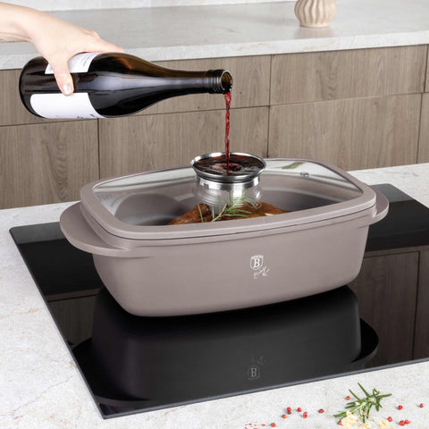 BH/8778, Asador con tapa de cristal y botón de aroma, color topo mate, asador con tapa de cristal, aluminio fundido, asador, botón de aroma, utensilios para hornear, horneado