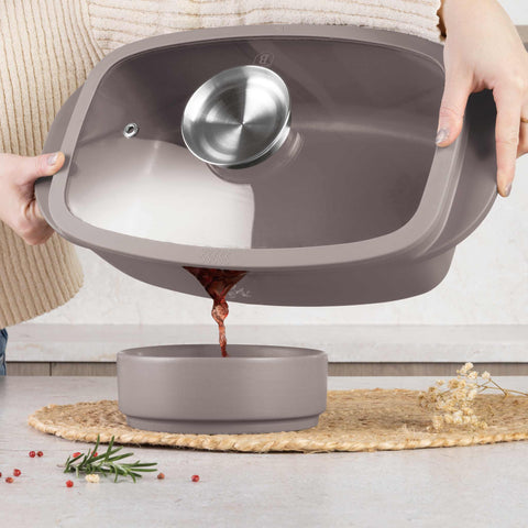 BH/8778, Asador con tapa de cristal y botón de aroma, color topo mate, asador con tapa de cristal, aluminio fundido, asador, botón de aroma, utensilios para hornear, horneado