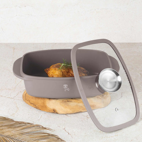 BH/8778, Asador con tapa de cristal y botón de aroma, color topo mate, asador con tapa de cristal, aluminio fundido, asador, botón de aroma, utensilios para hornear, horneado