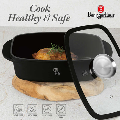  BH/8779, Asador con tapa de cristal y botón de aroma, Negro mate, Asador con tapa de cristal, Aluminio fundido, Asador, Botón de aroma, Utensilios para hornear, Horneado