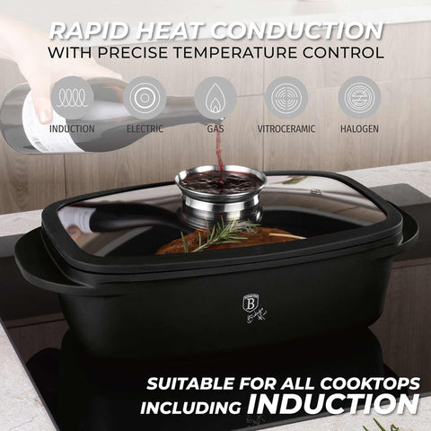  BH/8779, Asador con tapa de cristal y botón de aroma, Negro mate, Asador con tapa de cristal, Aluminio fundido, Asador, Botón de aroma, Utensilios para hornear, Horneado