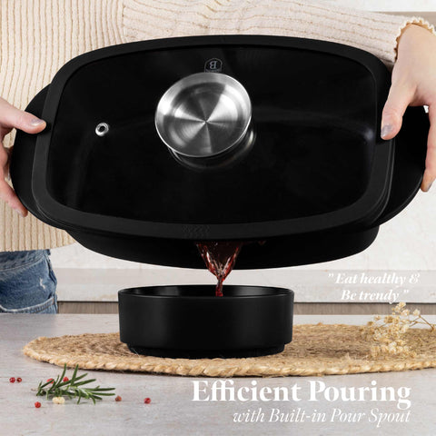  BH/8779, Asador con tapa de cristal y botón de aroma, Negro mate, Asador con tapa de cristal, Aluminio fundido, Asador, Botón de aroma, Utensilios para hornear, Horneado