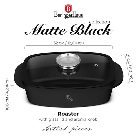  BH/8779, Asador con tapa de cristal y botón de aroma, Negro mate, Asador con tapa de cristal, Aluminio fundido, Asador, Botón de aroma, Utensilios para hornear, Horneado